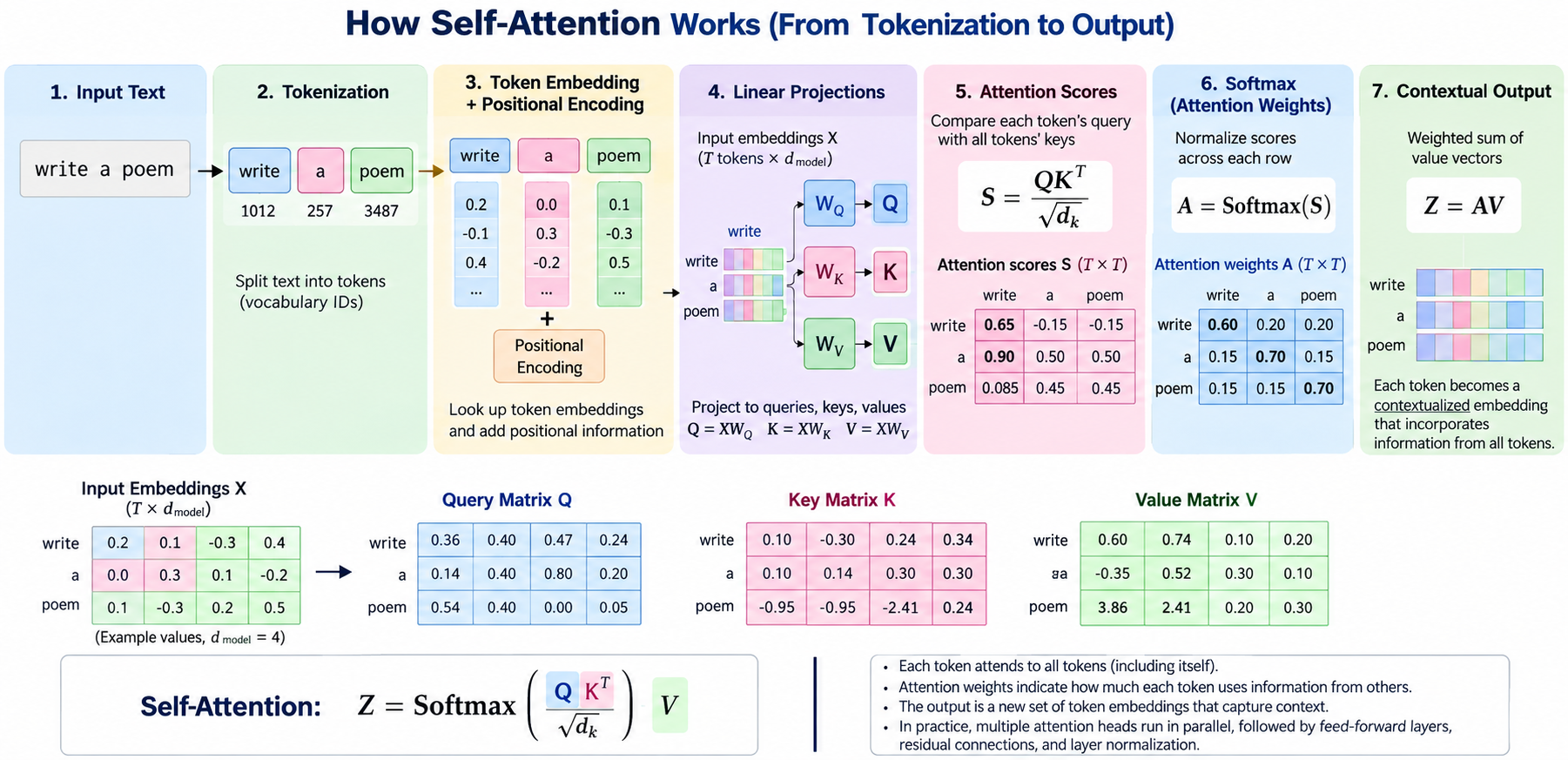 Workflow from tokenization to self-attention